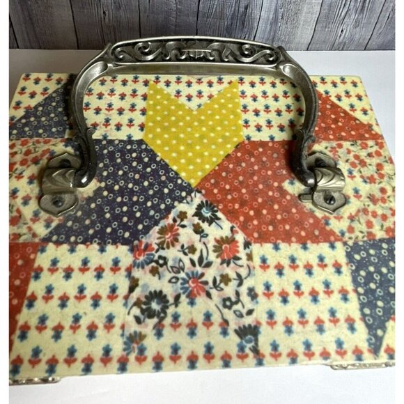 1970s Wooden Trinket Case Box Patchwork Design 7" x 5.5" x 5" with handle - Picture 13 of 16